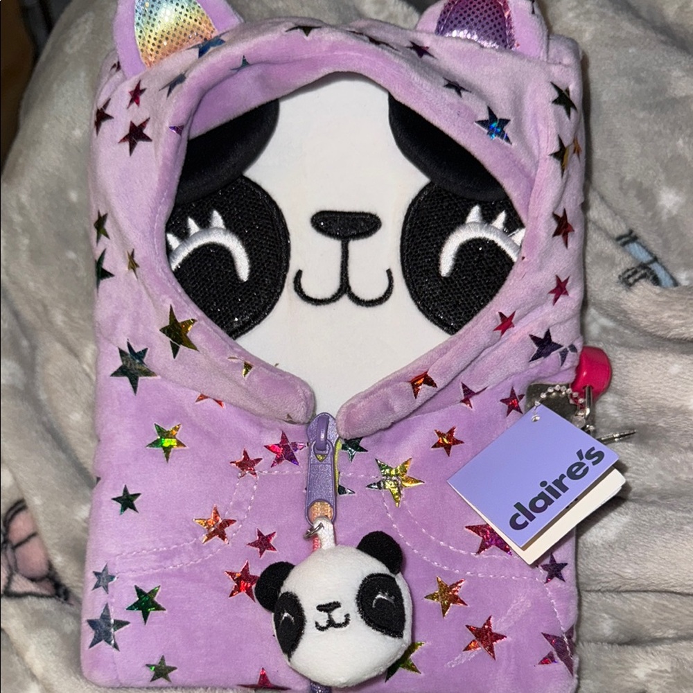 BNWT- Claire's padlock Purple Panda Plush Notebook-Penelope is her name Bonuses!